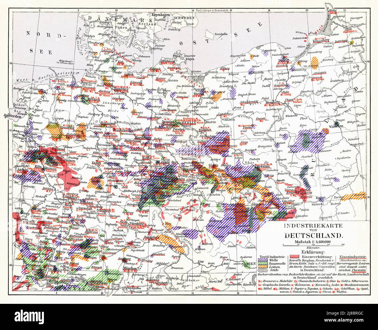 Industrial map of the German Empire (Deutsches Kaiserreich). Publication of the book 'Meyers Konversations-Lexikon', Volume 2, Leipzig, Germany, 1910 Stock Photo