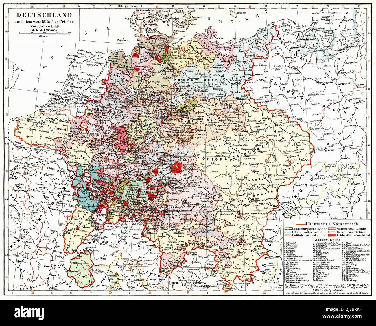 Map of Germany after the Peace of Westphalia of 1648. Publication of the book 'Meyers Konversations-Lexikon', Volume 2, Leipzig, Germany, 1910 Stock Photo