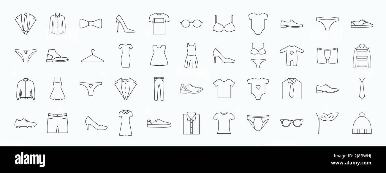 Clothes and accessories set, outline icons set. Vector illustration. Stock Vector