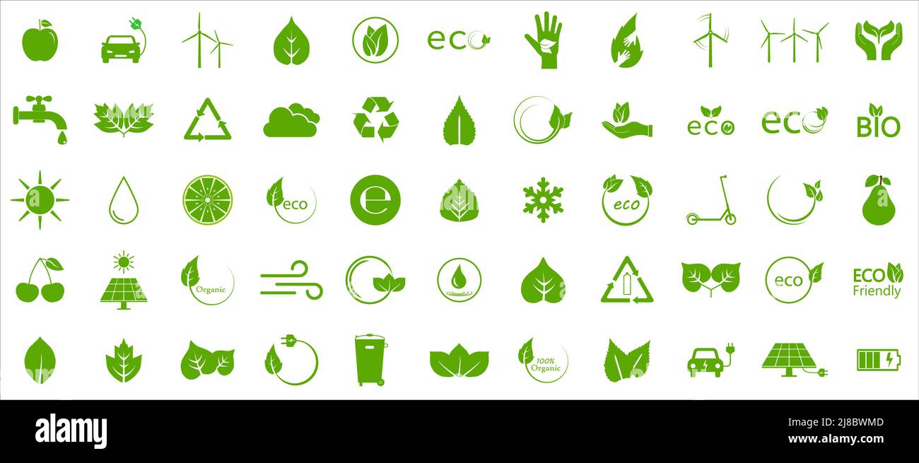 Eco green icons. Ecology icons set. Vector illustration. Flat design. Stock Vector