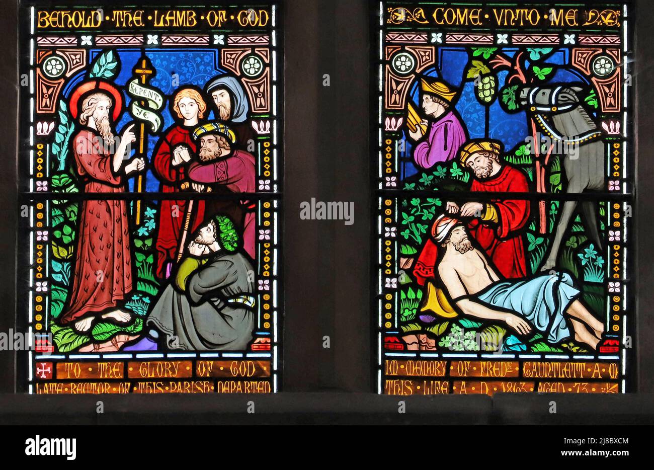 A stained glass window by Frederick Preedy depicting scenes in the Life of Christ, Fladbury Church, Worcestershire Stock Photo