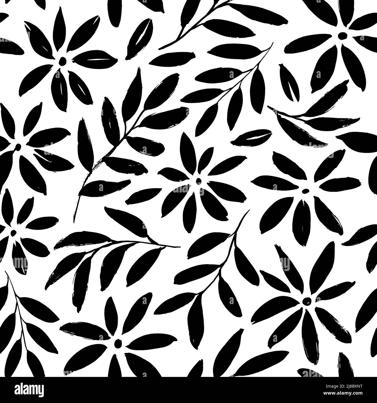 Simple black flowers hand drawn seamless pattern. Stock Vector