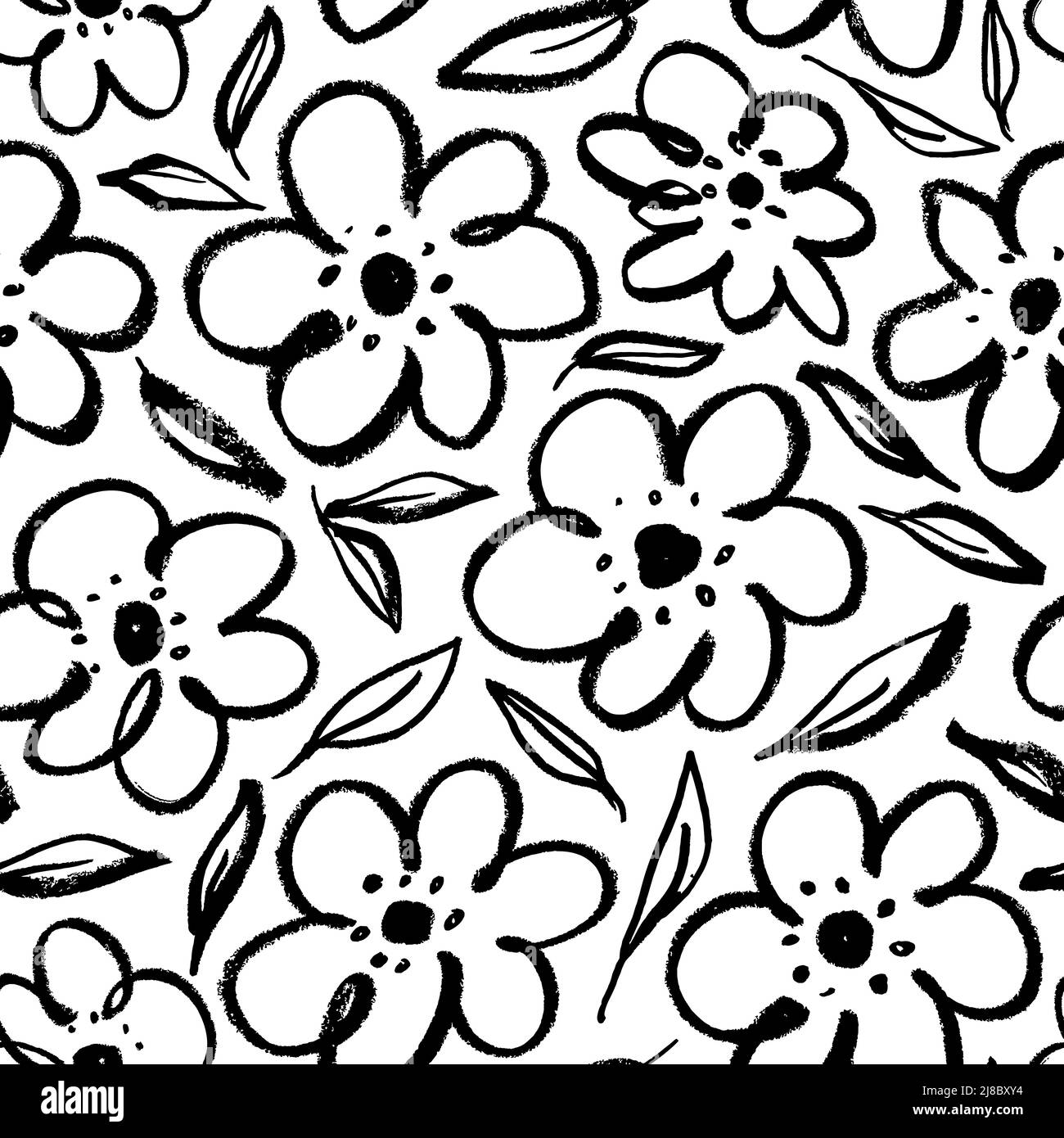 Childish style simple black flowers with leaves. Stock Vector