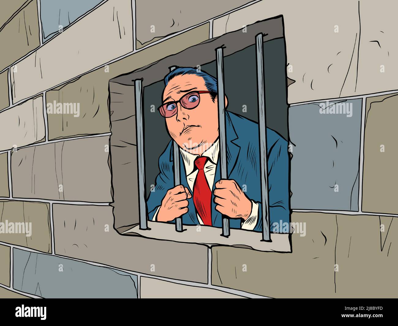 The businessman is a criminal. A man is in prison behind bars. Corrupt politician. pop art Retro vector Illustration 50s 60s kitsch Vintage style Stock Vector