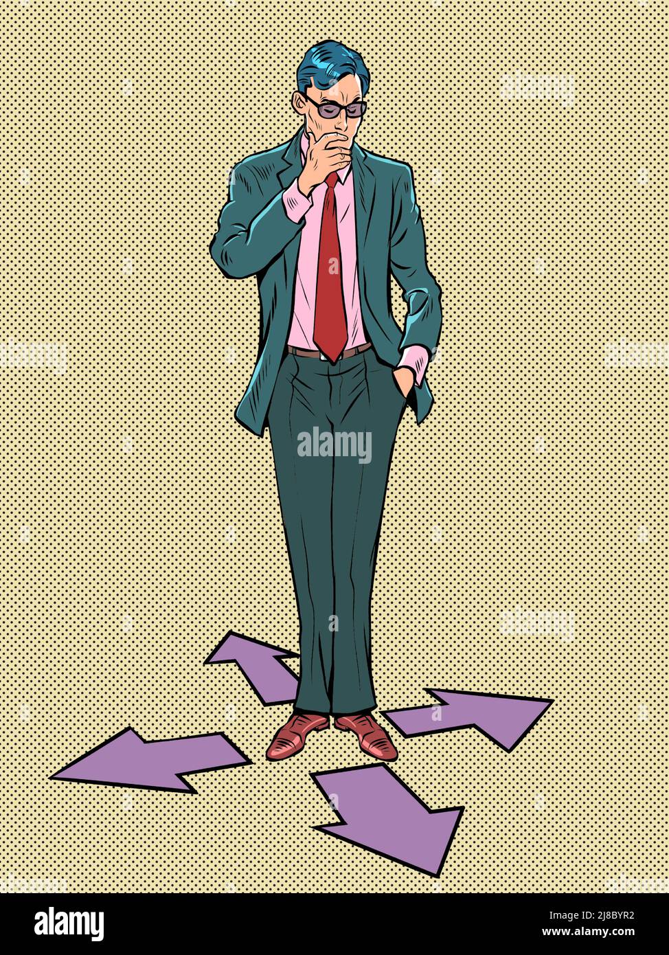 The avatar businessman is thinking where to go, right, left, forward or backward. Computer character. Pop art retro vector illustration comic caricatu Stock Vector