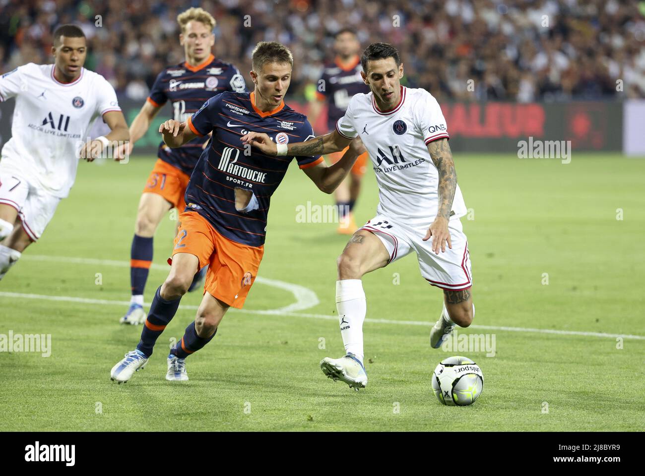 May 14, 2022, Montpellier, France: Angel Di Maria of PSG, Arnaud Souquet  Montpellier (left) during the French championship Ligue 1 football match  between Montpellier HSC and Paris Saint-Germain on May 14, 2022