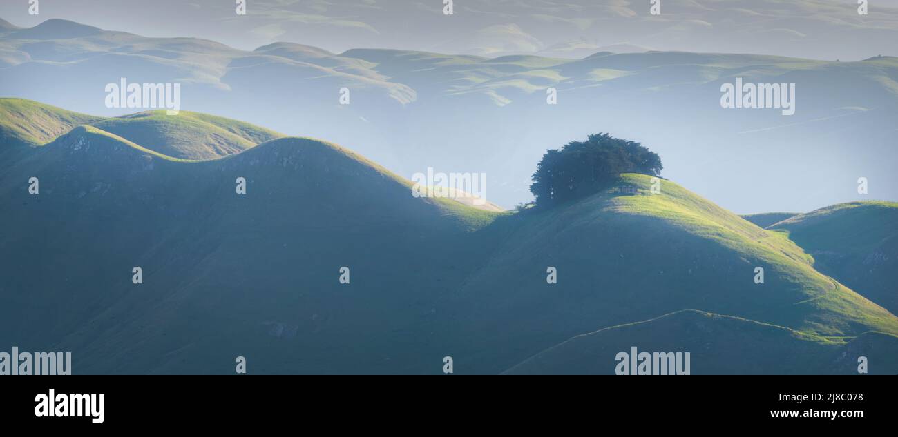 View from Te Mata Peak, mountains in the afternoon haze, Hawke’s Bay. Stock Photo