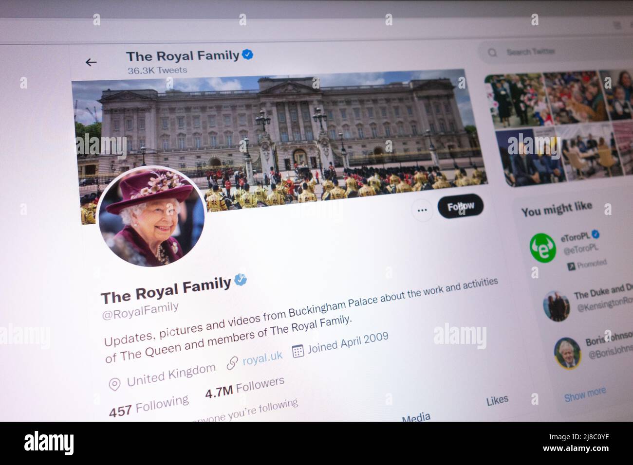 KONSKIE, POLAND - May 14, 2022: The Royal Family official Twitter account displayed on laptop screen Stock Photo