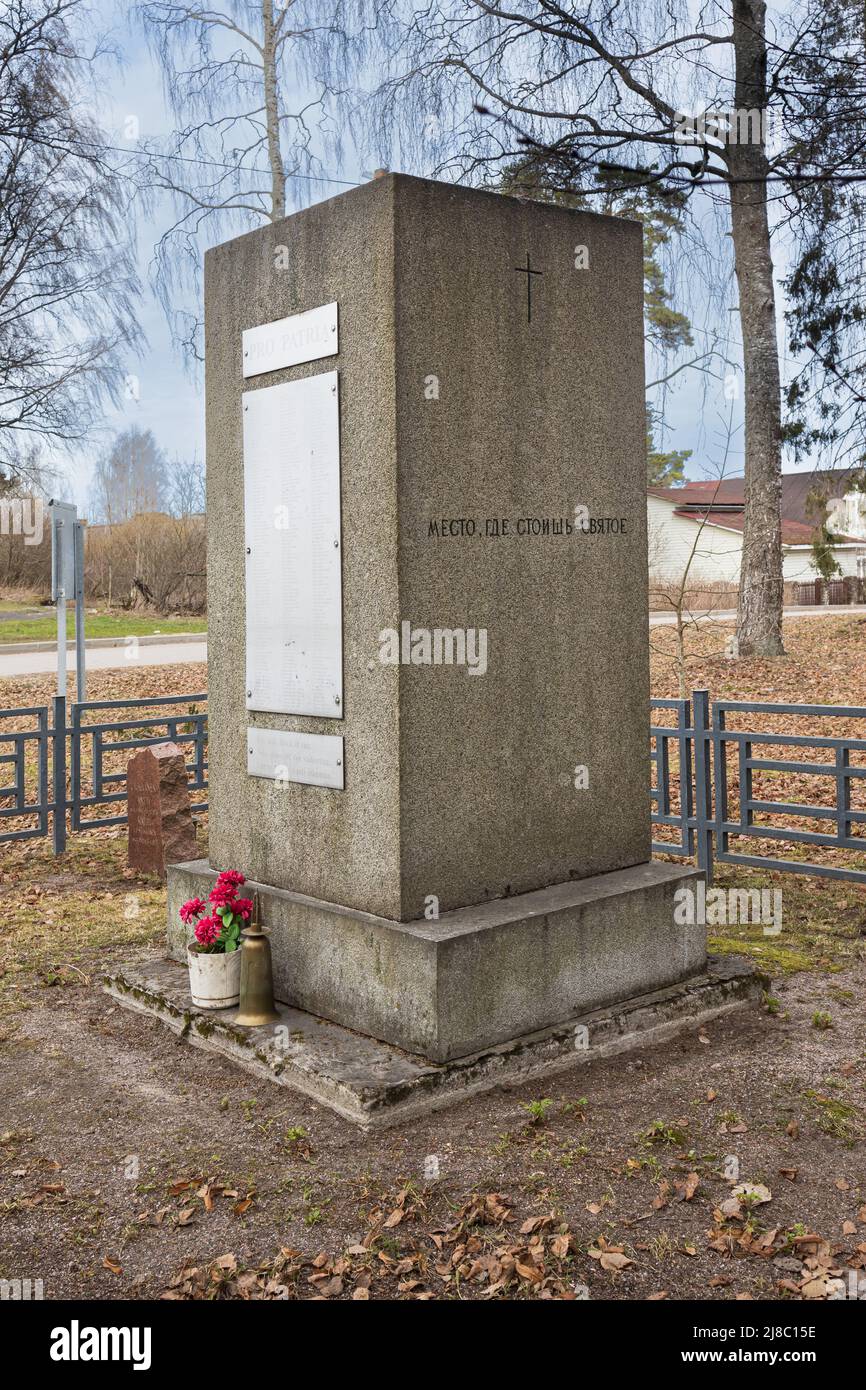 Melnikovo, Leningrad region. Russia - 12 May, 2022, old lutheran church kirk Ryaysyalya. monument to fallen Finnish soldiers Stock Photo