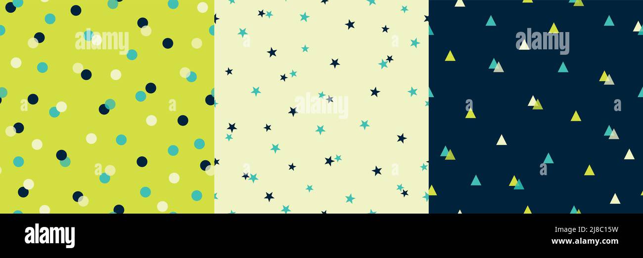 Vector set of three seamless patterns. Repeating geometric tiles with polka dots, stars, triangles. Trendy prints for textile, wrapping, baby clothes Stock Vector