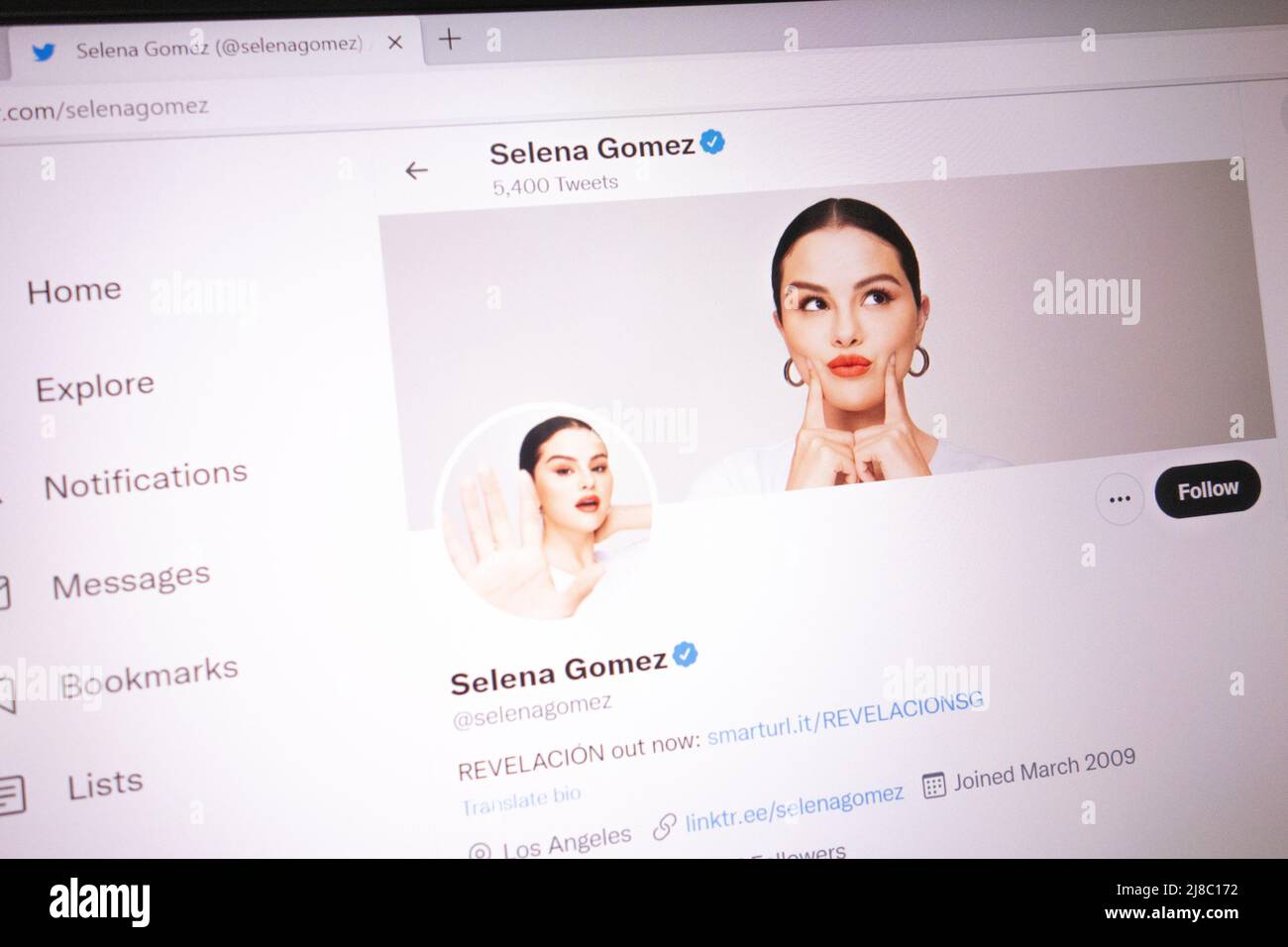 KONSKIE, POLAND - May 14, 2022: Selena Gomez official Twitter account displayed on laptop screen Stock Photo