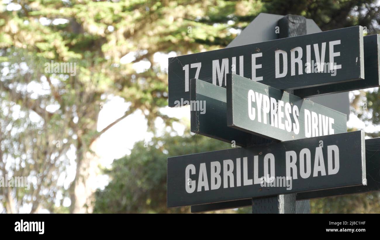 Scenic 17-mile drive wooden road sign, Monterey peninsula, Big Sur