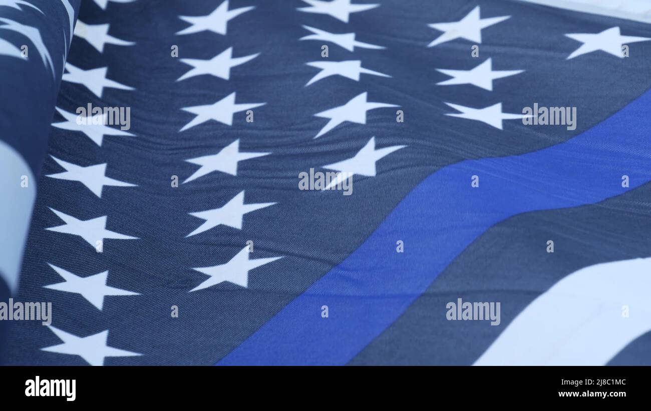 Black white american monochrome flag with blue stripe or line, police