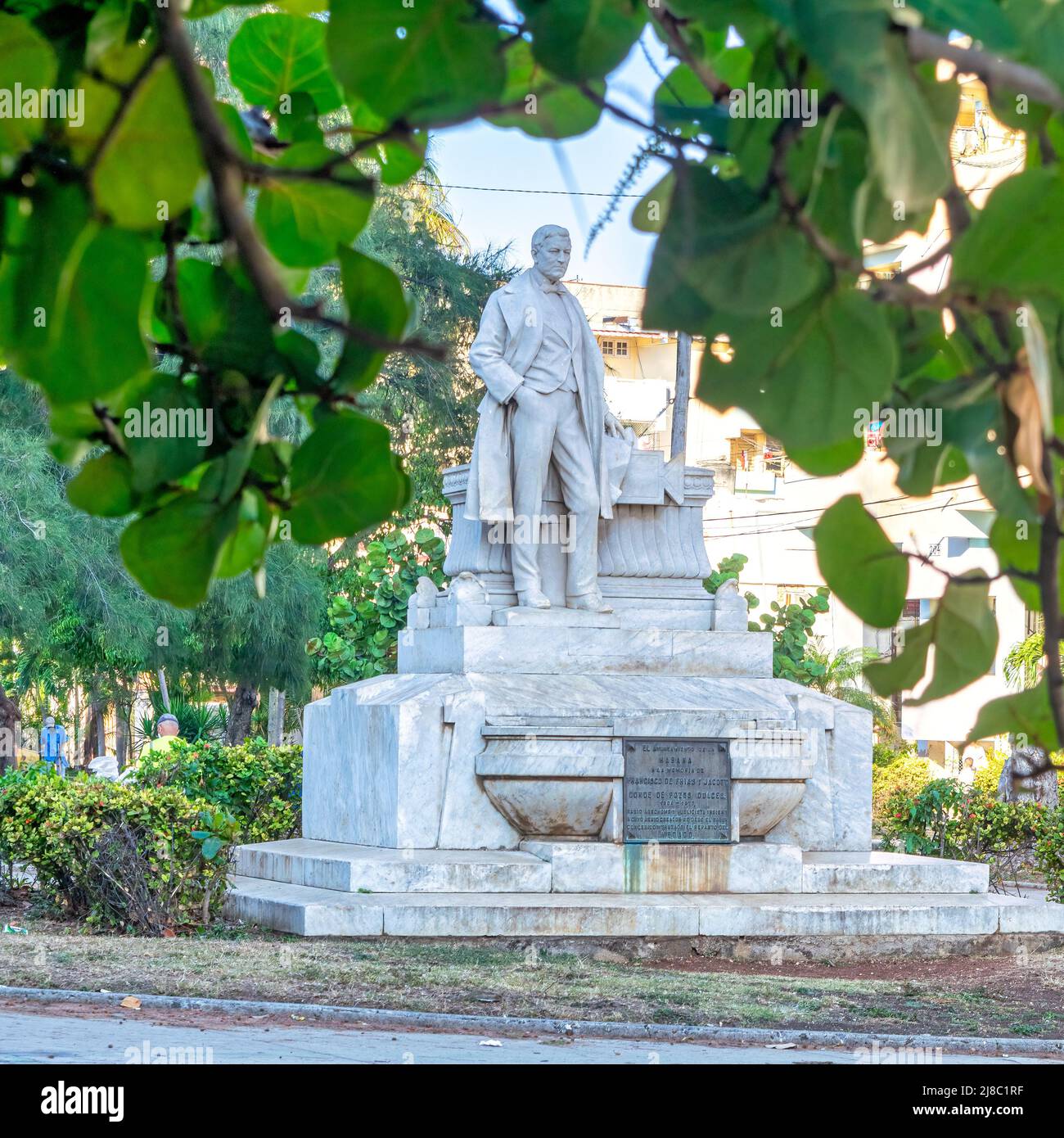 A colonial white marble statue honoring Francisco de Frias y Jacott, Conde de Pozos Dulces. The sculpture is located in a public park in the capital c Stock Photo