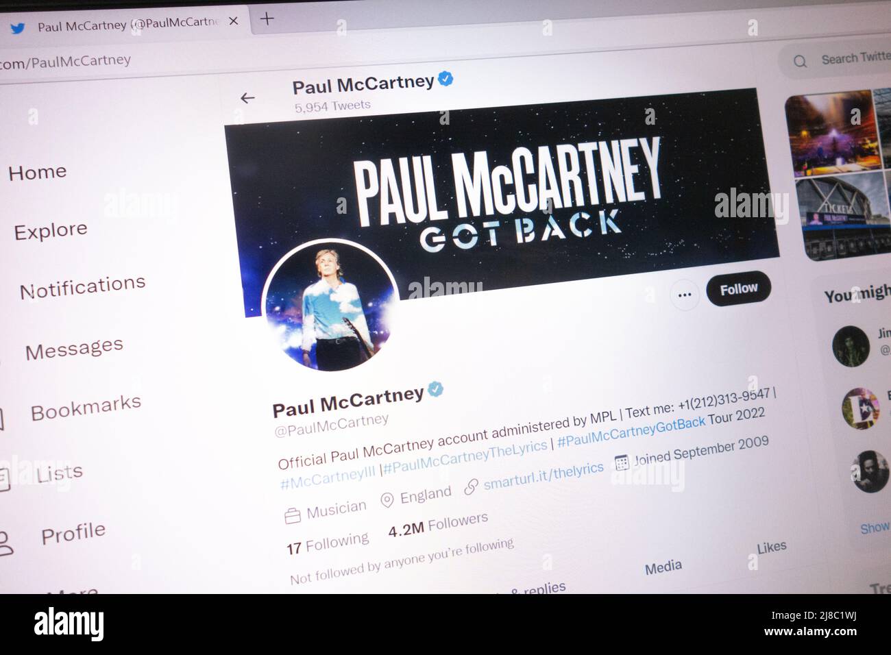 KONSKIE, POLAND - May 14, 2022: Paul McCartney official Twitter account displayed on laptop screen Stock Photo