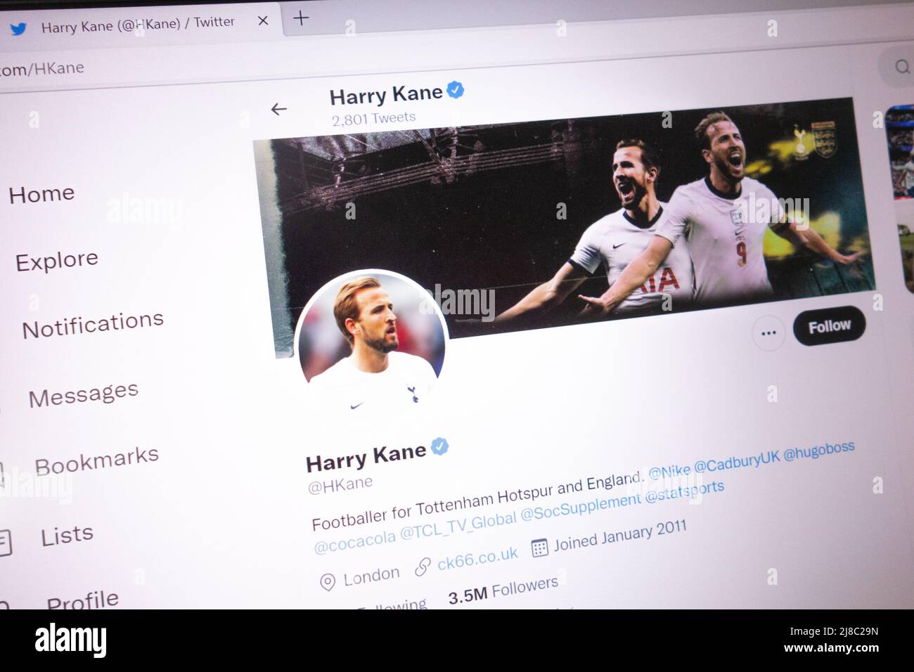 KONSKIE, POLAND - May 14, 2022: Harry Kane official Twitter account displayed on laptop screen Stock Photo