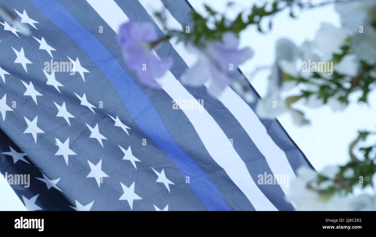 Black white american monochrome flag with blue stripe or line, police