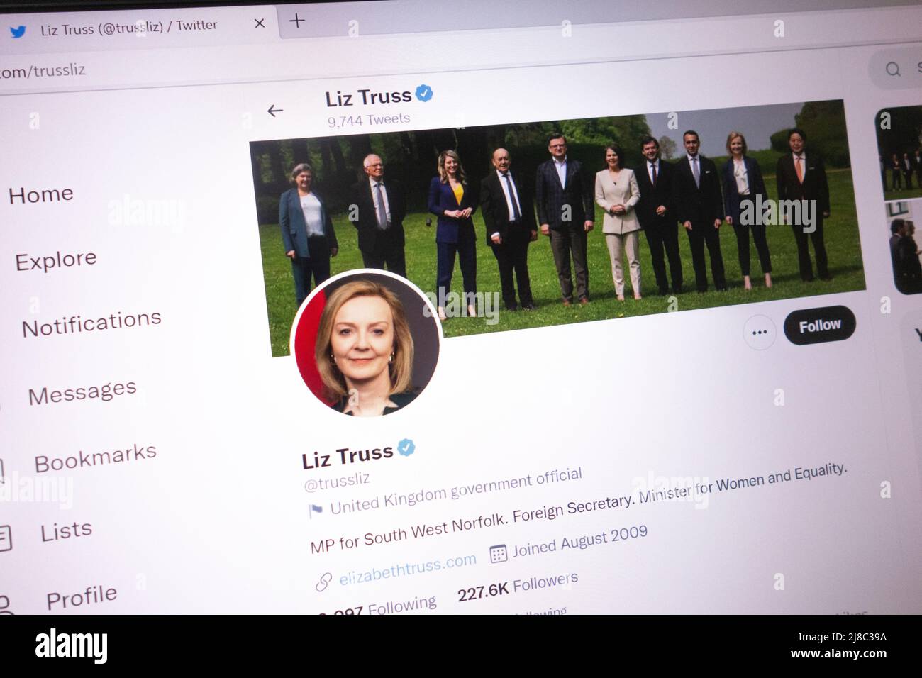 KONSKIE, POLAND - May 14, 2022: Elizabeth Truss official Twitter account displayed on laptop screen Stock Photo