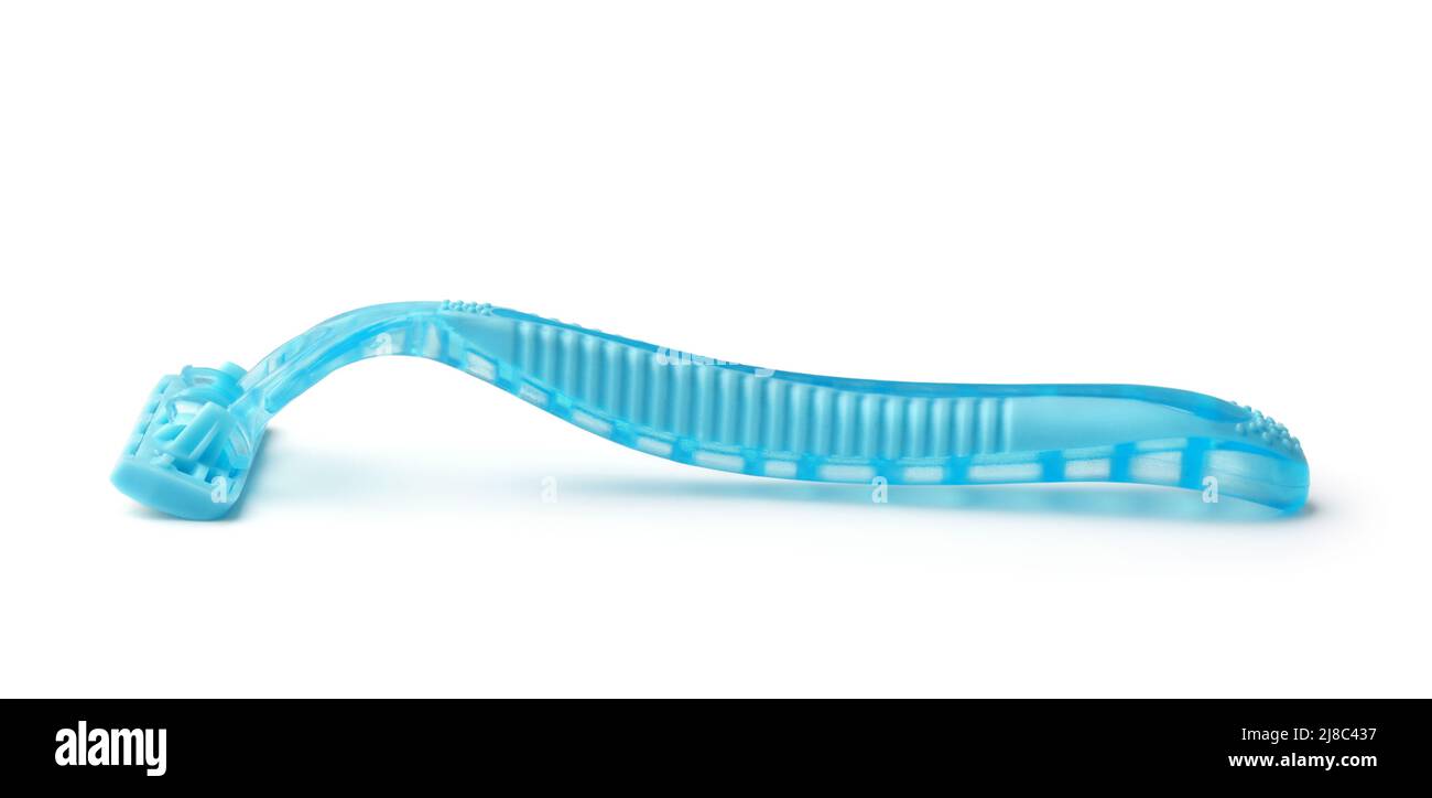 Side view of blue disposable plastic shaving razor isolated on white Stock Photo