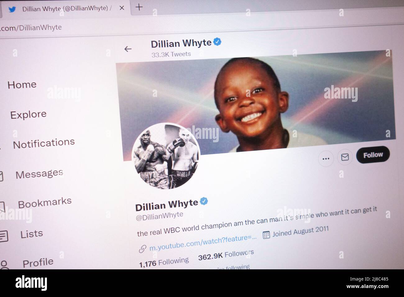 KONSKIE, POLAND - May 14, 2022: Dillian Whyte official Twitter account displayed on laptop screen Stock Photo