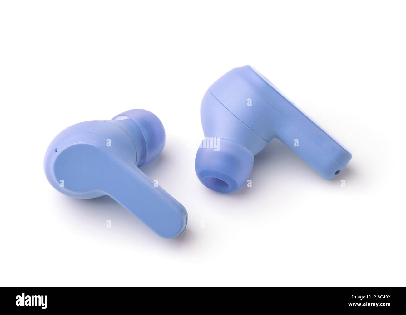 Pair of blue true wireless earbuds isolated on white Stock Photo