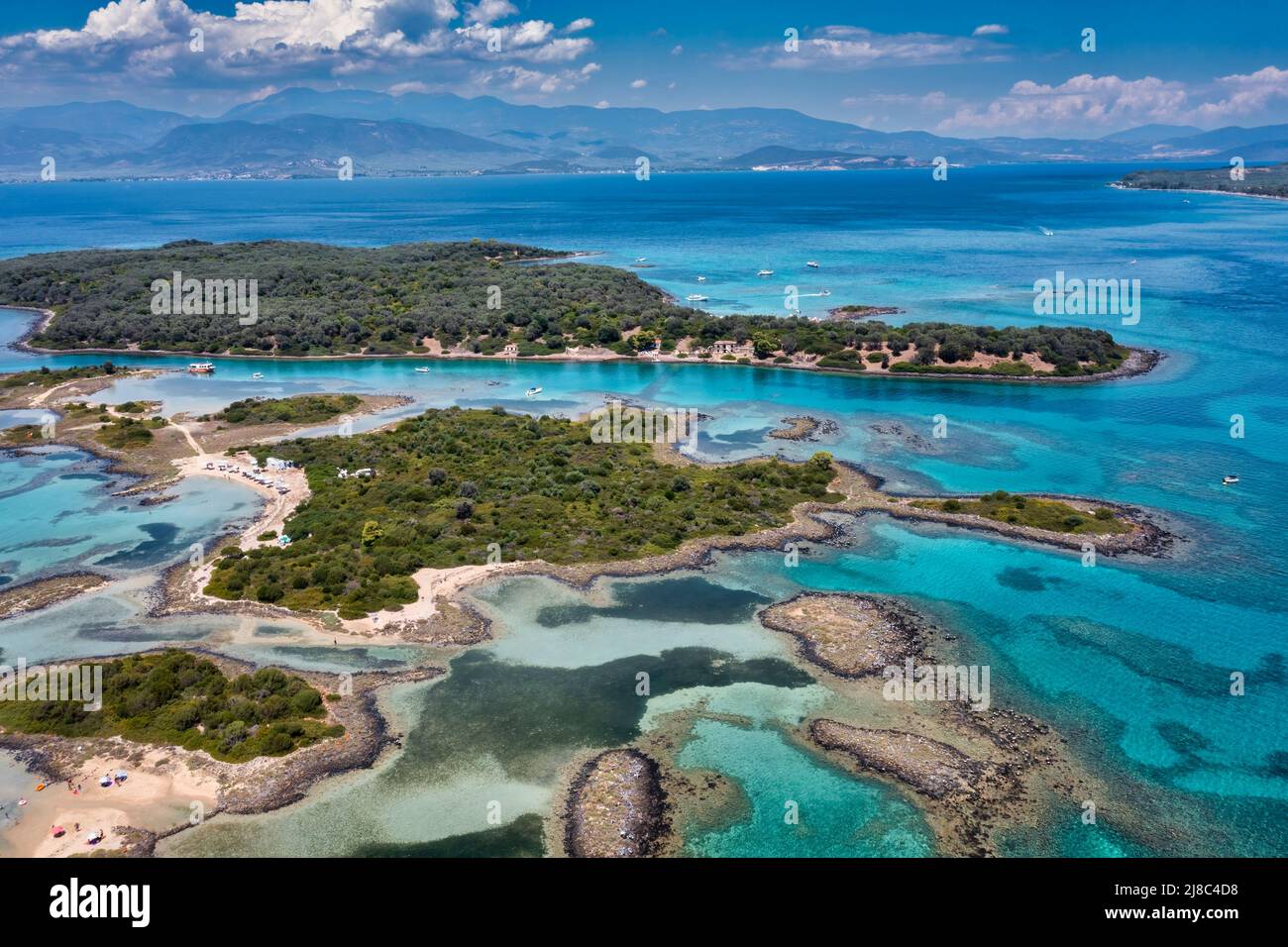 Aerial view of Lichadonisia which is island popular with boat trippers. the Greek Bahamas, in North Euboea, Greece. Stock Photo