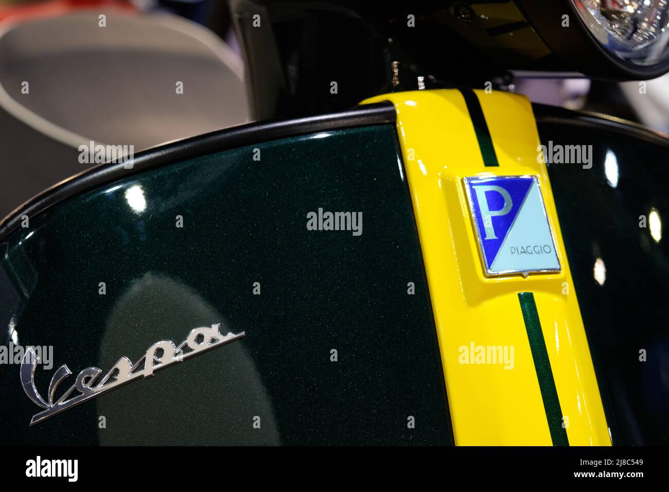 Piaggio Vespa logo on Vespa GTS 300 Super Racing Sixties. Stock Photo