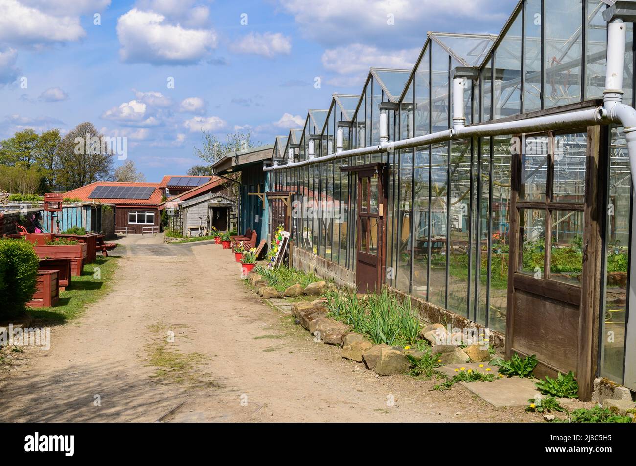 Greenhouses at Botton Village in Danby Dale, North Yorkshire Stock Photo
