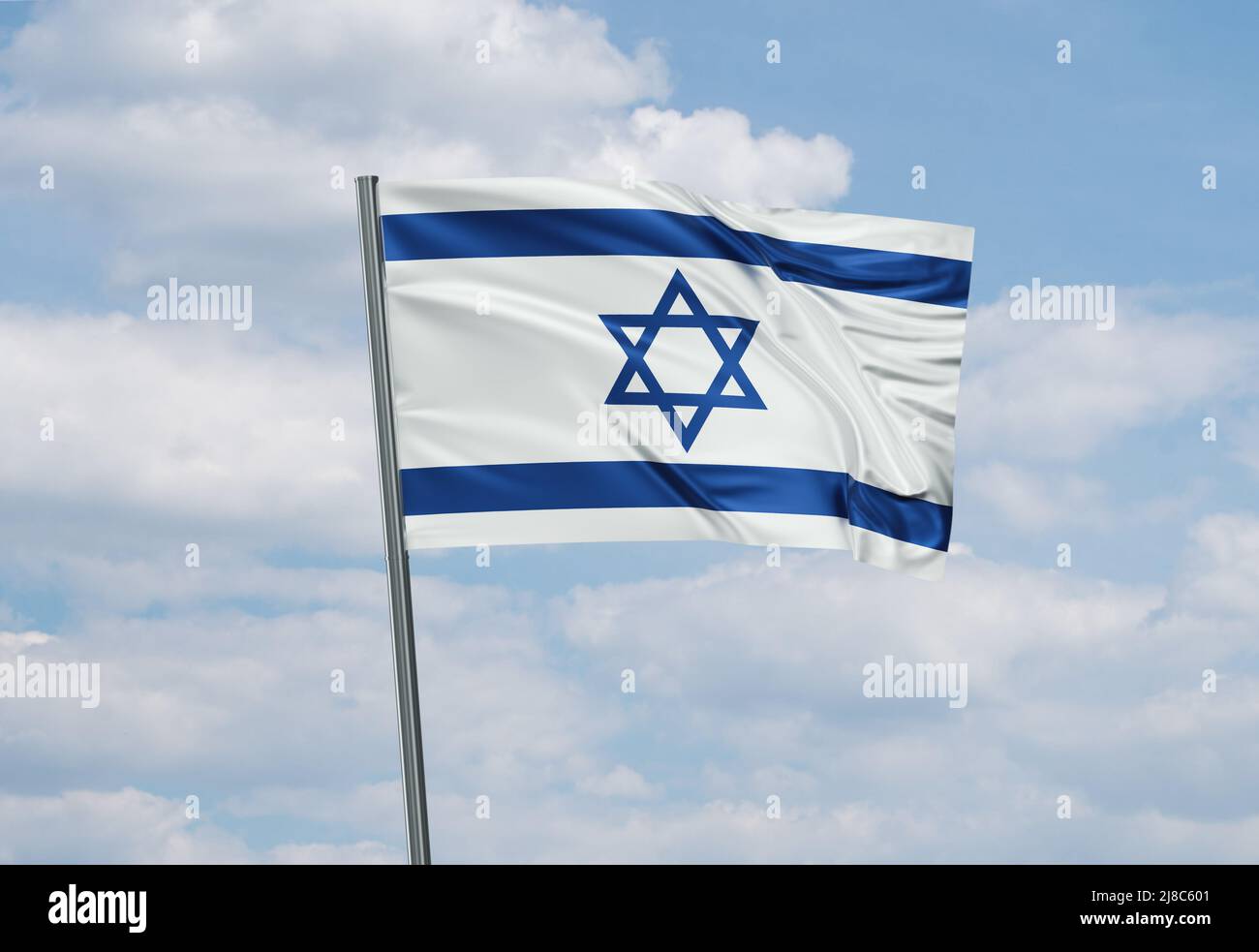 Israel national flag waving in the wind. Sky background 3D illustration ...