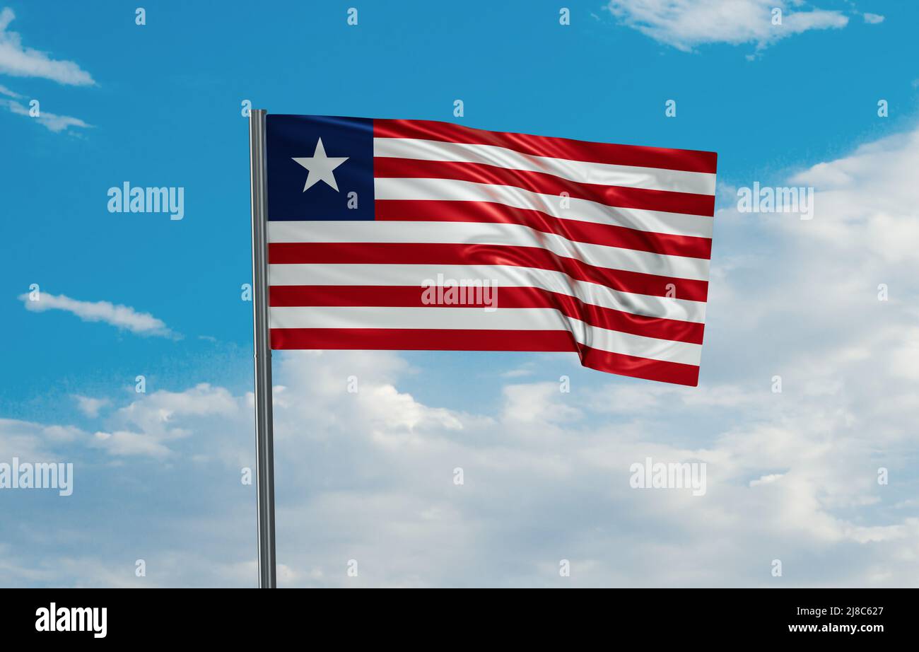 Liberia national flag waving in the wind. Sky background 3D ...