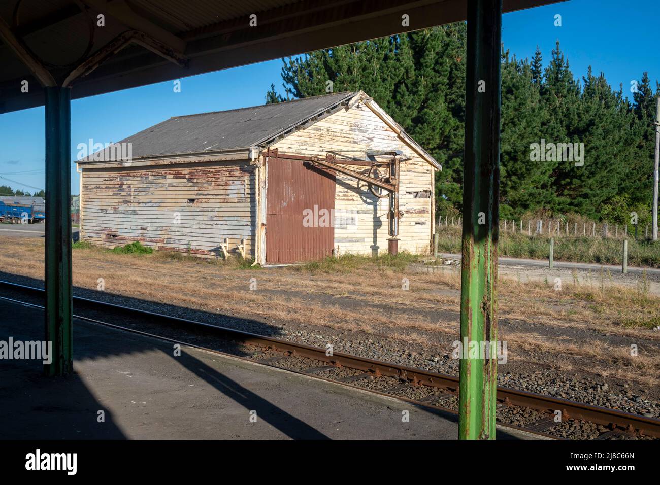 Old railway goods shed and hand operated crane, Waverly, South Taranaki, North Island, New