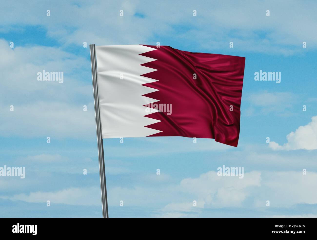 Qatar national flag waving in the wind. Sky background 3D illustration ...