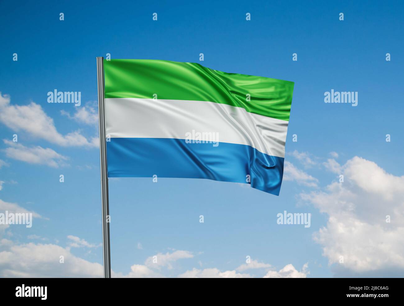 Sierra Leone national flag waving in the wind. Sky background 3D ...