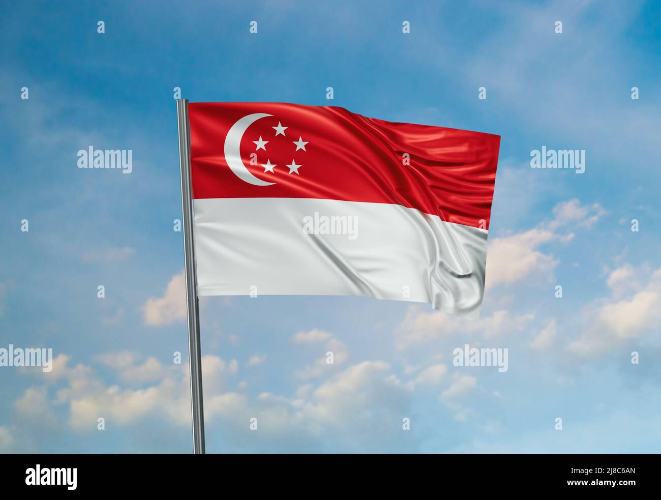 Singapore national flag waving in the wind. Sky background 3D ...