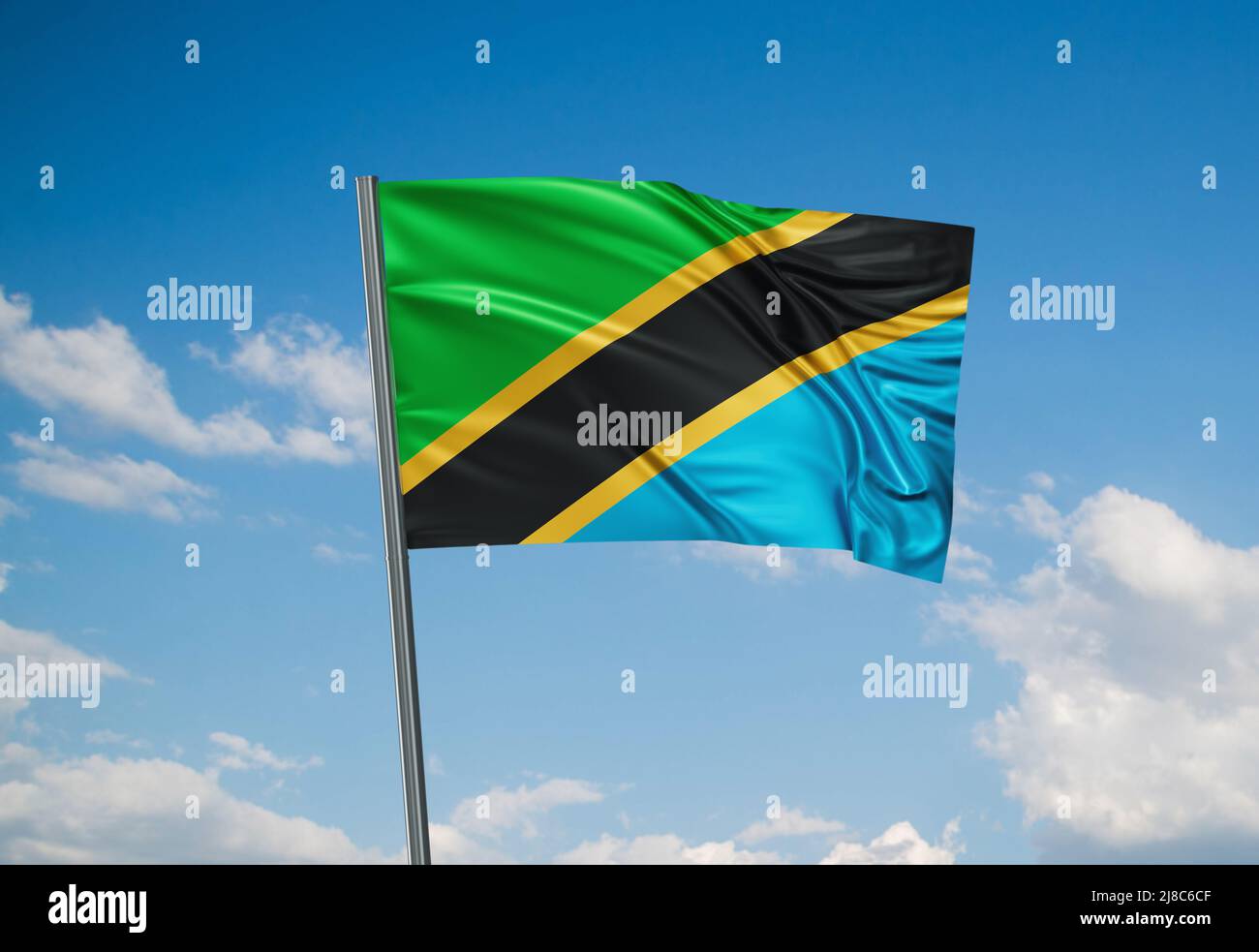 Tanzania national flag waving in the wind. Sky background 3D ...