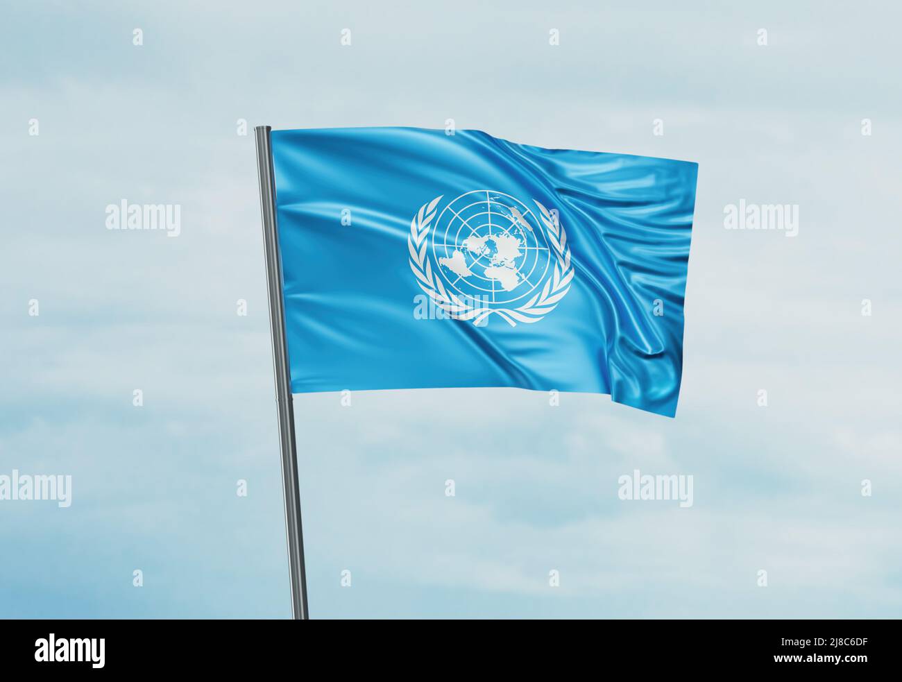 United Nations flag waving in the wind. Sky background 3D illustration ...