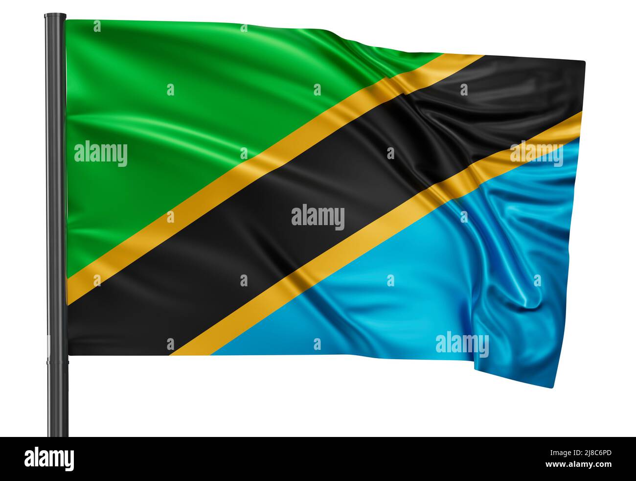 Tanzania national flag waving in the wind. Isolated on white background ...