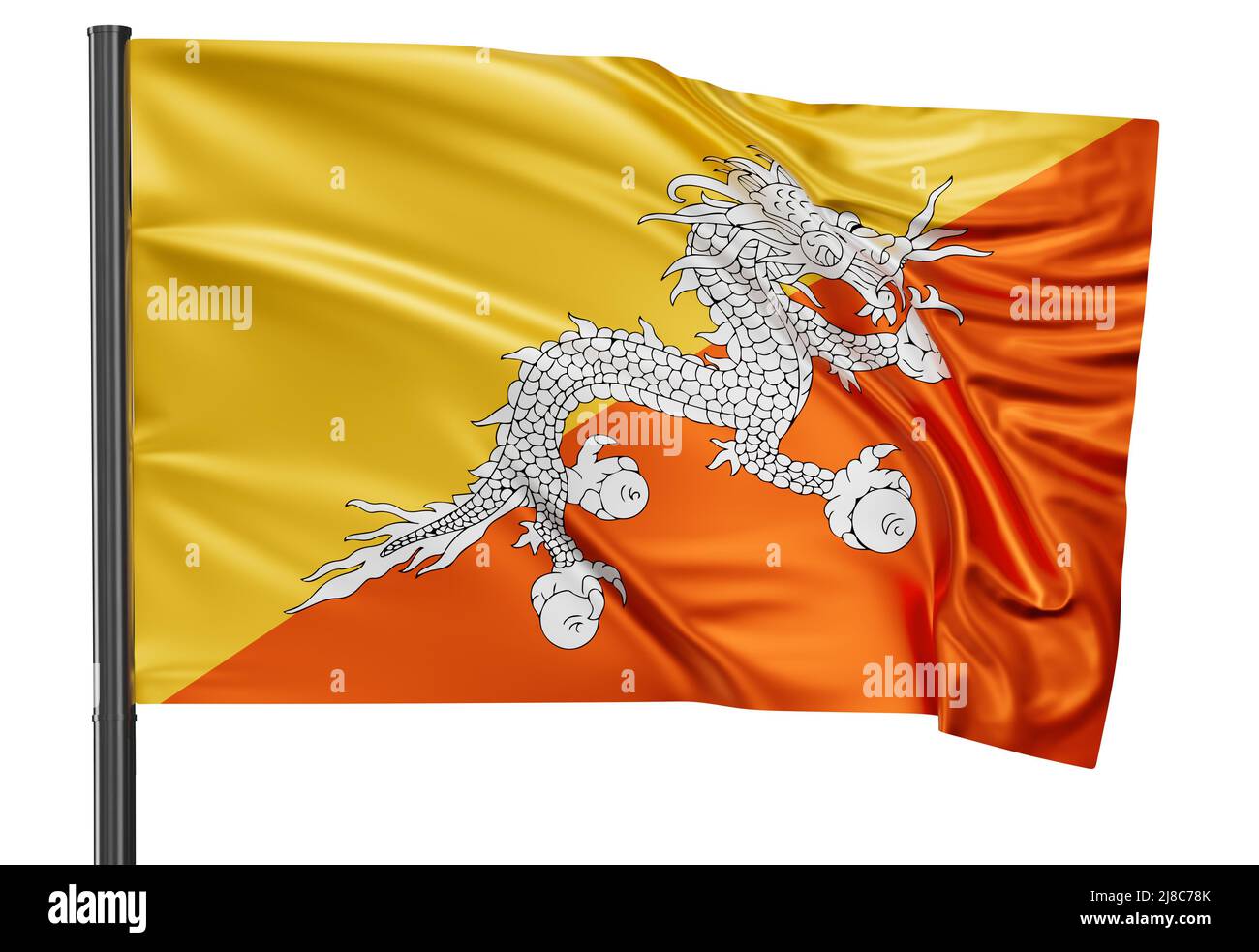 Bhutan national flag waving in the wind. Isolated on white background ...