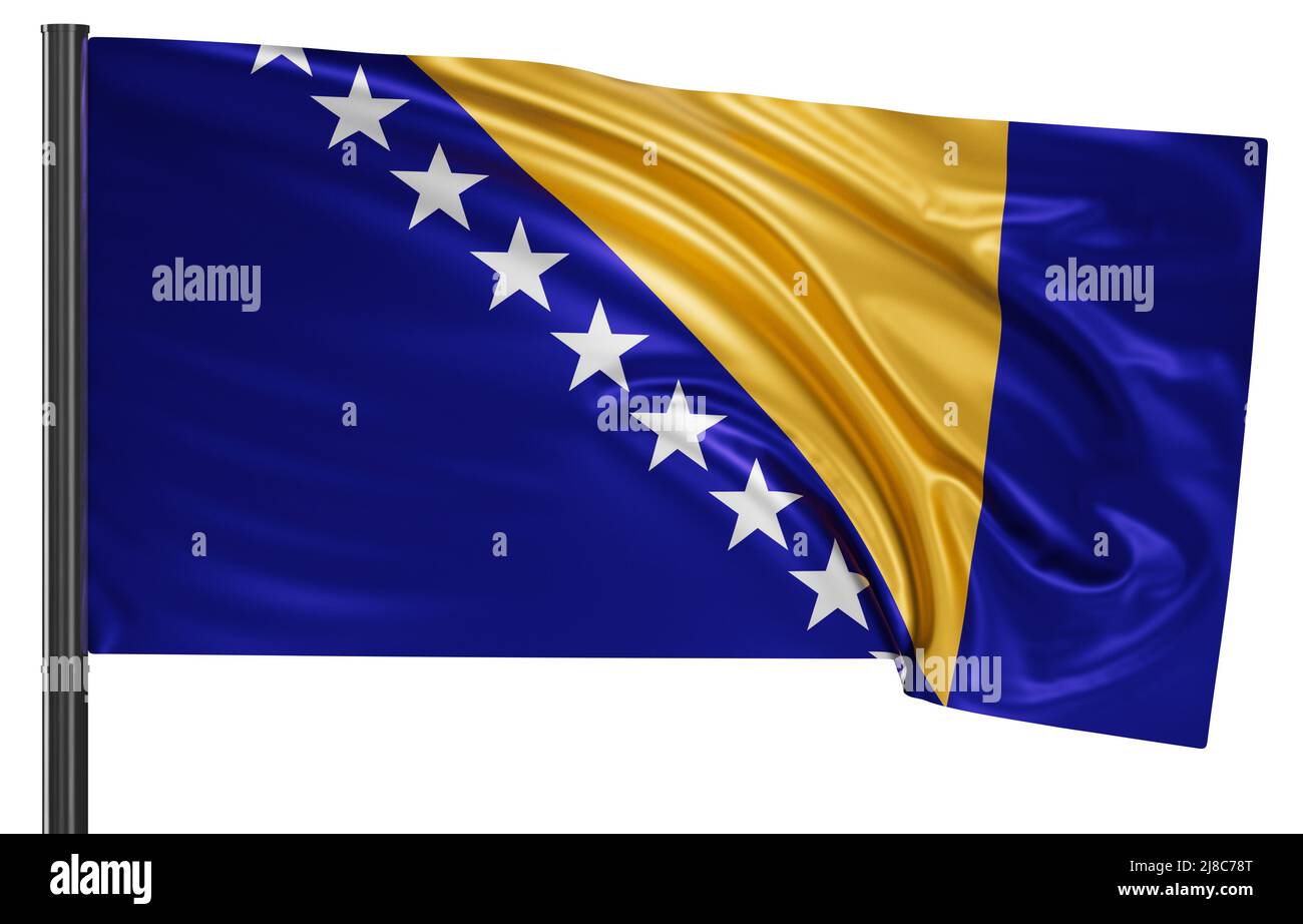 Bosnia and Herzegovina national flag waving in the wind. Isolated on ...