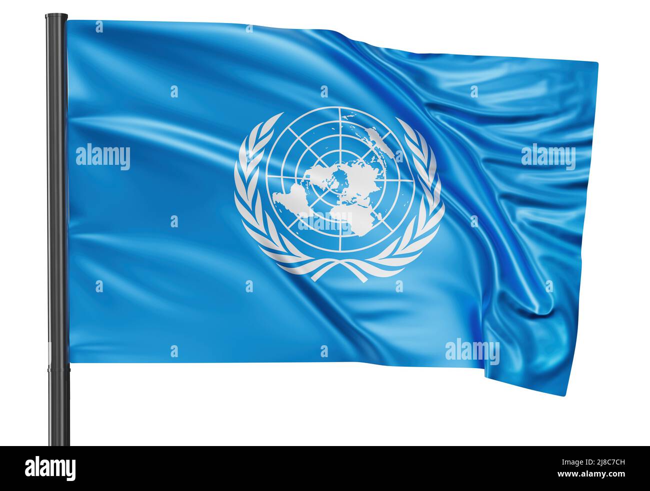 United Nations flag waving in the wind. Isolated on white background 3D ...