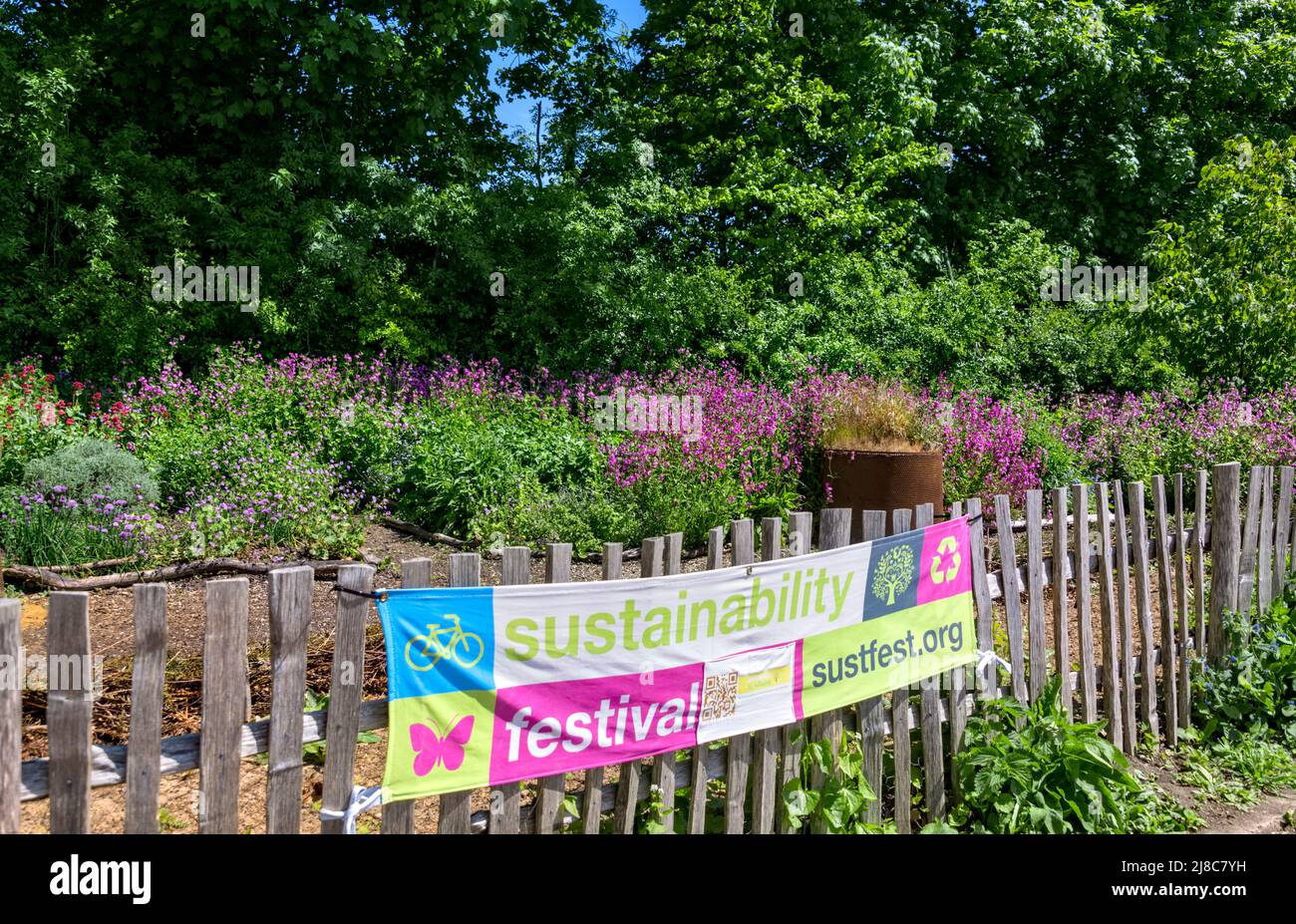 Sign for Sustainability Festival, Verulanium Park, St. Albans Hertfordshire UK Stock Photo