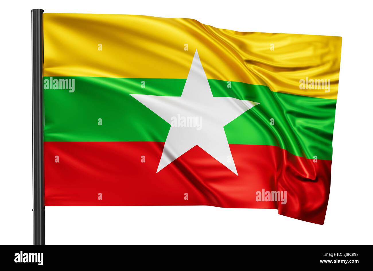 Myanmar national flag waving in the wind. Isolated on white background ...