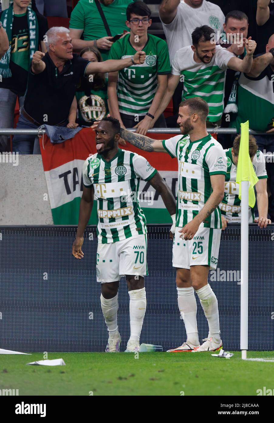 BUDAPEST, HUNGARY - MAY 11: Franck Boli of Ferencvarosi TC celebrates after  scoring a goal with Miha Blazic of Ferencvarosi TC during the Hungarian Cup  Final match between Ferencvarosi TC and Paksi