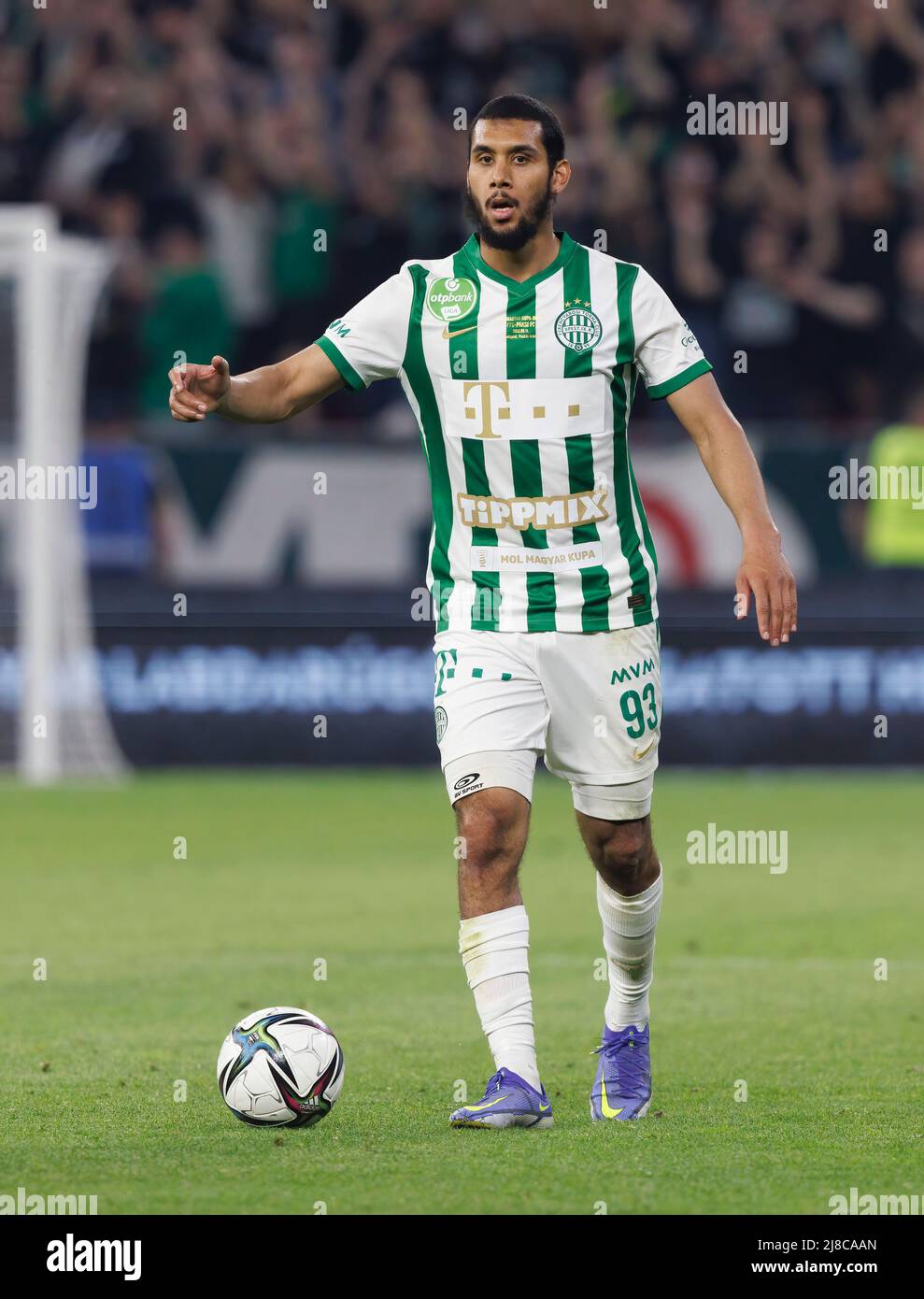 BUDAPEST, HUNGARY - MAY 11: Aissa Laidouni of Ferencvarosi TC reacts during the Hungarian Cup Final match between Ferencvarosi TC and Paksi FC at Puskas Arena on May 11, 2022 in Budapest, Hungary. Stock Photo