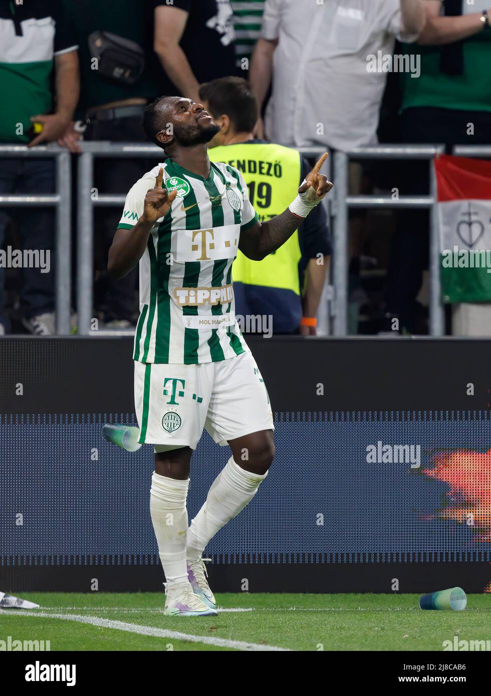 BUDAPEST, HUNGARY - MAY 11: Franck Boli of Ferencvarosi TC celebrates after  scoring a goal with Miha Blazic of Ferencvarosi TC during the Hungarian Cup  Final match between Ferencvarosi TC and Paksi