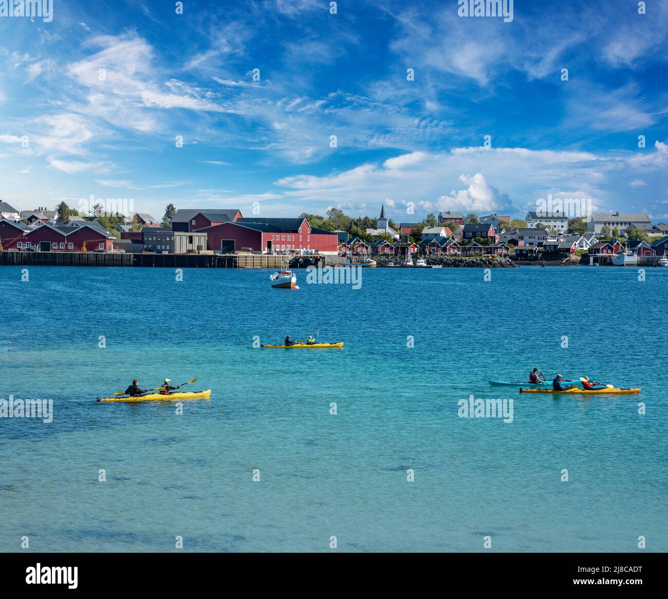 Lofoten is an archipelago in the county of Nordland, Norway. Is known for a distinctive scenery with dramatic mountains and peaks, open sea and shelte Stock Photo