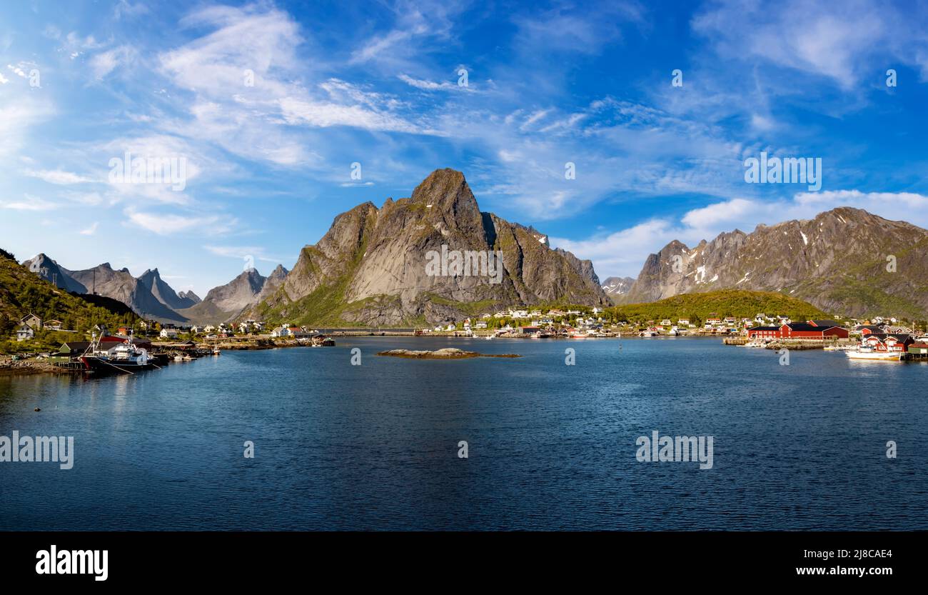 Lofoten is an archipelago in the county of Nordland, Norway. Is known for a distinctive scenery with dramatic mountains and peaks, open sea and shelte Stock Photo