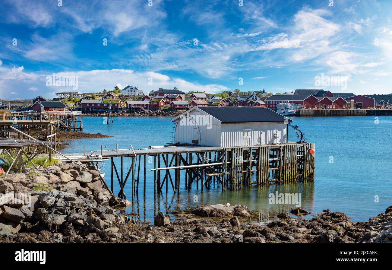 Lofoten is an archipelago in the county of Nordland, Norway. Is known for a distinctive scenery with dramatic mountains and peaks, open sea and shelte Stock Photo