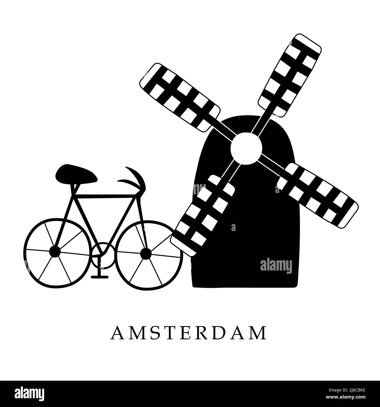 European capitals, Amsterdam. Black and white illustration Stock Vector
