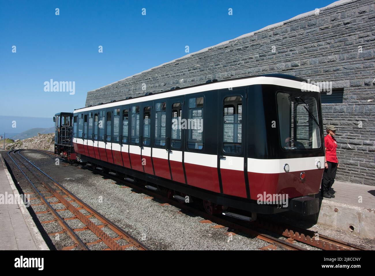 Snowdon Mountain Railway train at the summit Station, North Wales Stock